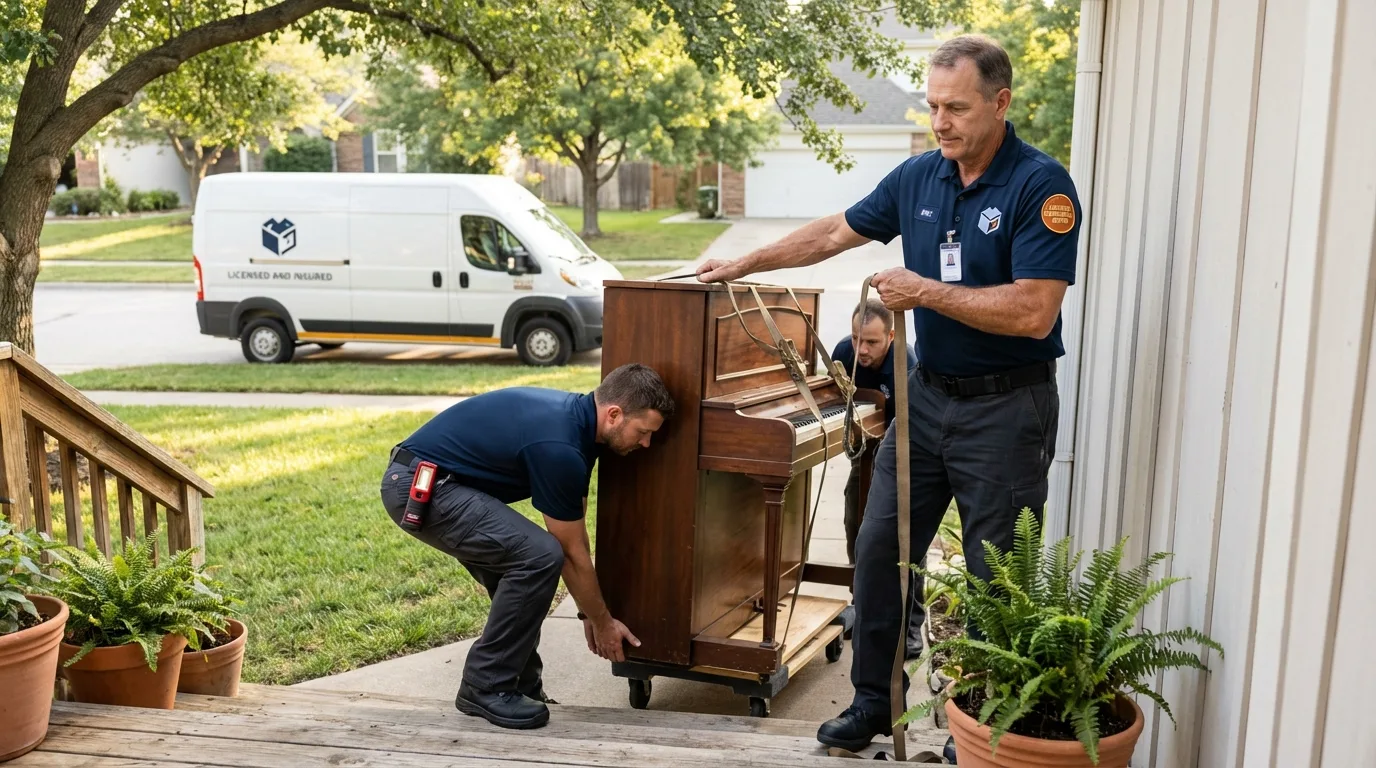 Licensed piano movers securing grand piano in Susquehanna, PA