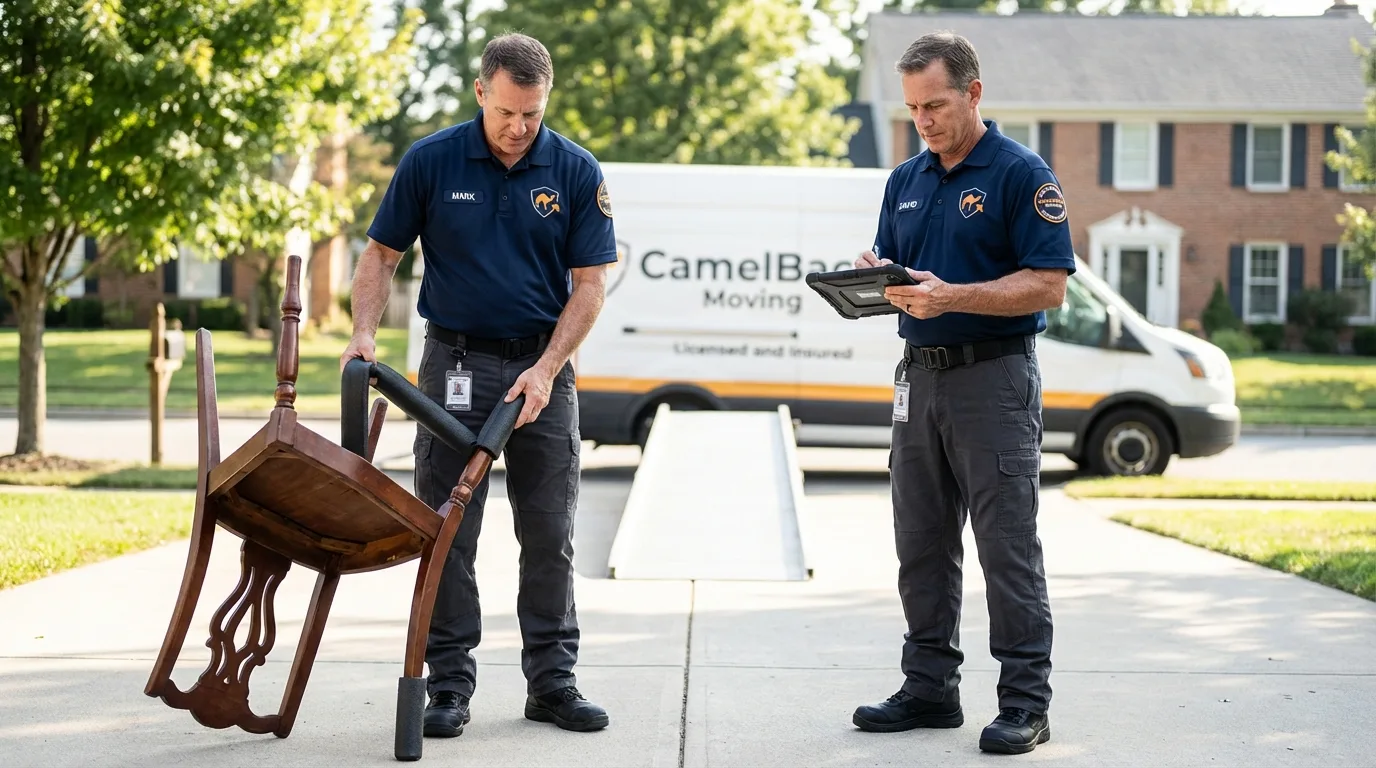 Movers inspecting furniture for damage prevention before loading in Susquehanna, PA