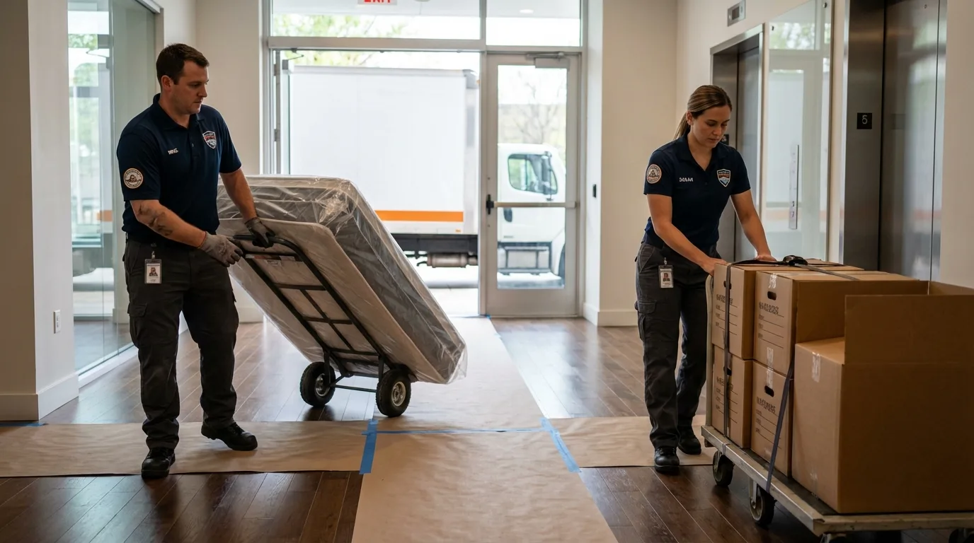 Professional apartment movers loading elevator in Susquehanna, PA