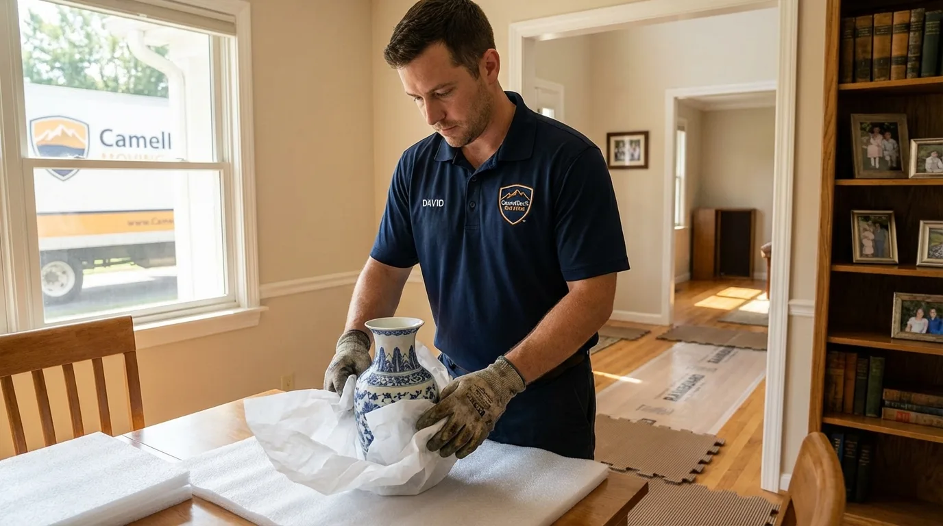 Professional crew carefully wrapping antique vase for senior downsizing move in Susquehanna, PA